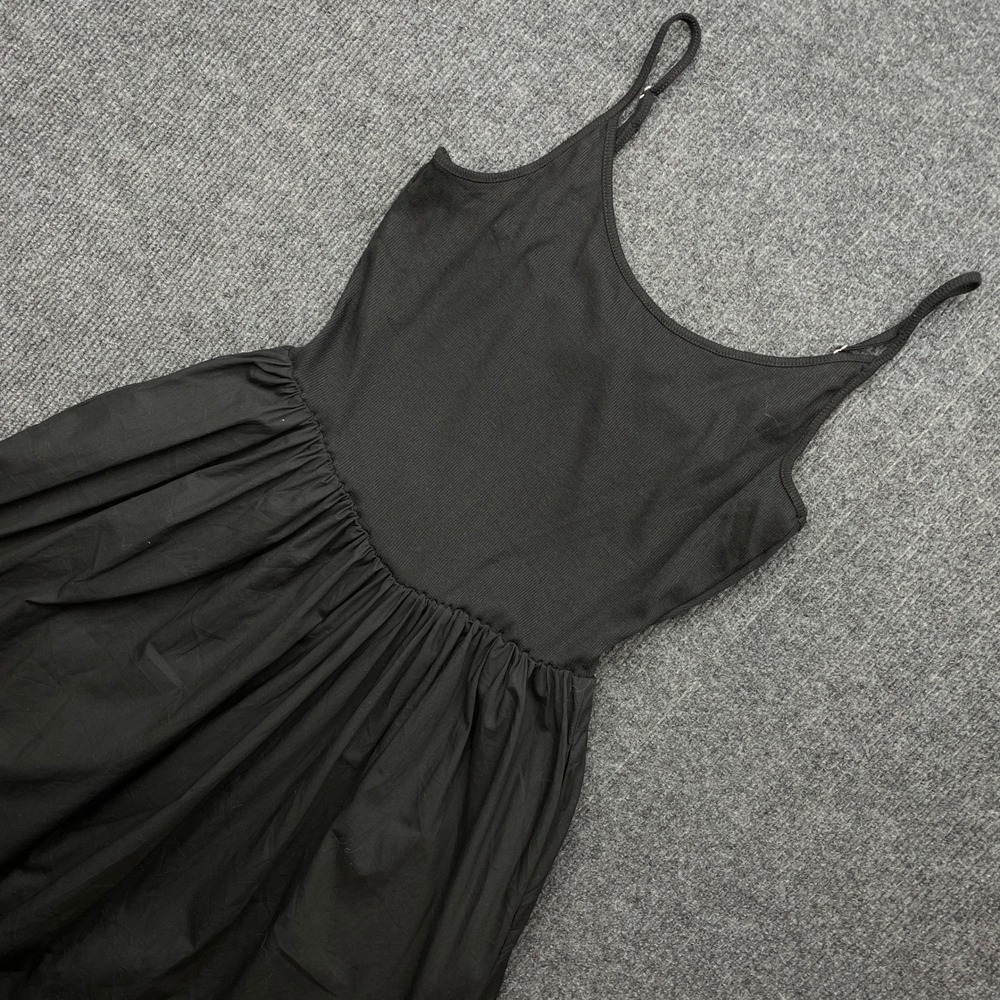 Hunter & Brown Midi Dress Black Medium Ribbed Knit Poplin Mixed Media Boho